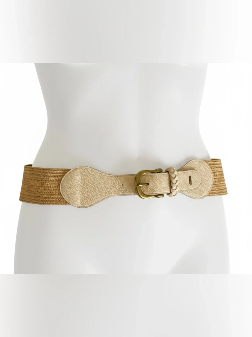 Woven Natural Beige Stretch Belt with faux Leather Accents